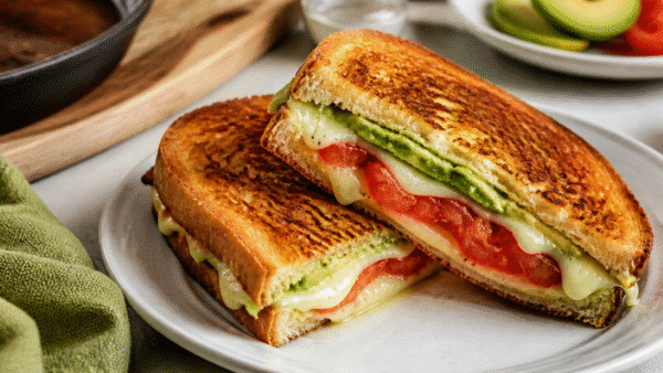 Crispy grilled cheese sandwich with avocado, mozzarella, and tomato