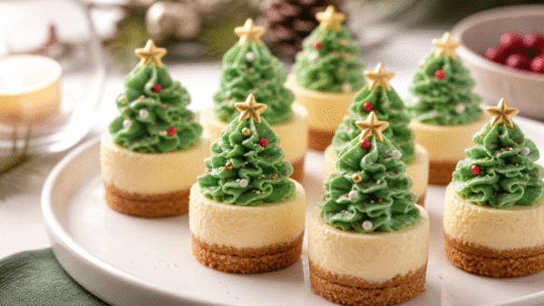 Mini Christmas tree cheesecake bites decorated with green frosting