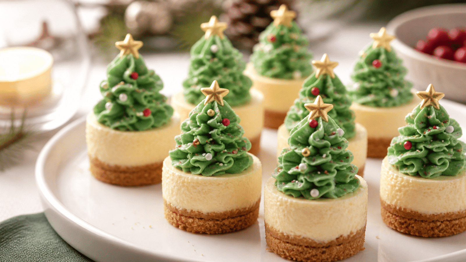 Mini Christmas tree cheesecake bites decorated with green frosting