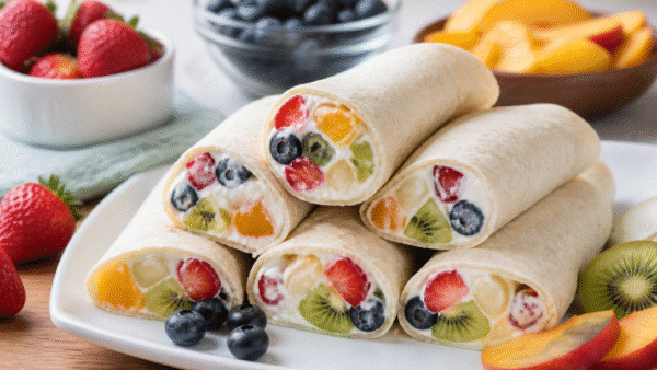 Cheesecake fruit salad roll-ups filled with colorful fresh fruit
