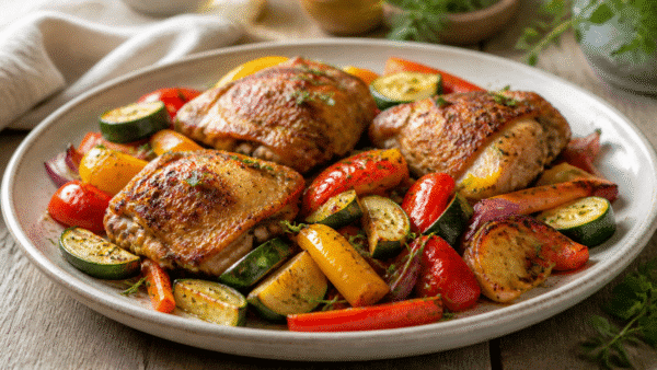 Golden roasted chicken thighs served with colorful vegetables