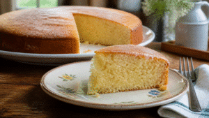 Grandma’s Cake: A Comforting Slice of Nostalgia! 4 Homemade grandma-style cake with one slice served on a plate
