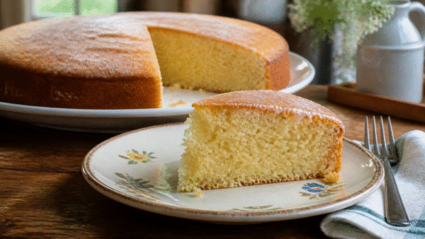 Homemade grandma-style cake with one slice served on a plate