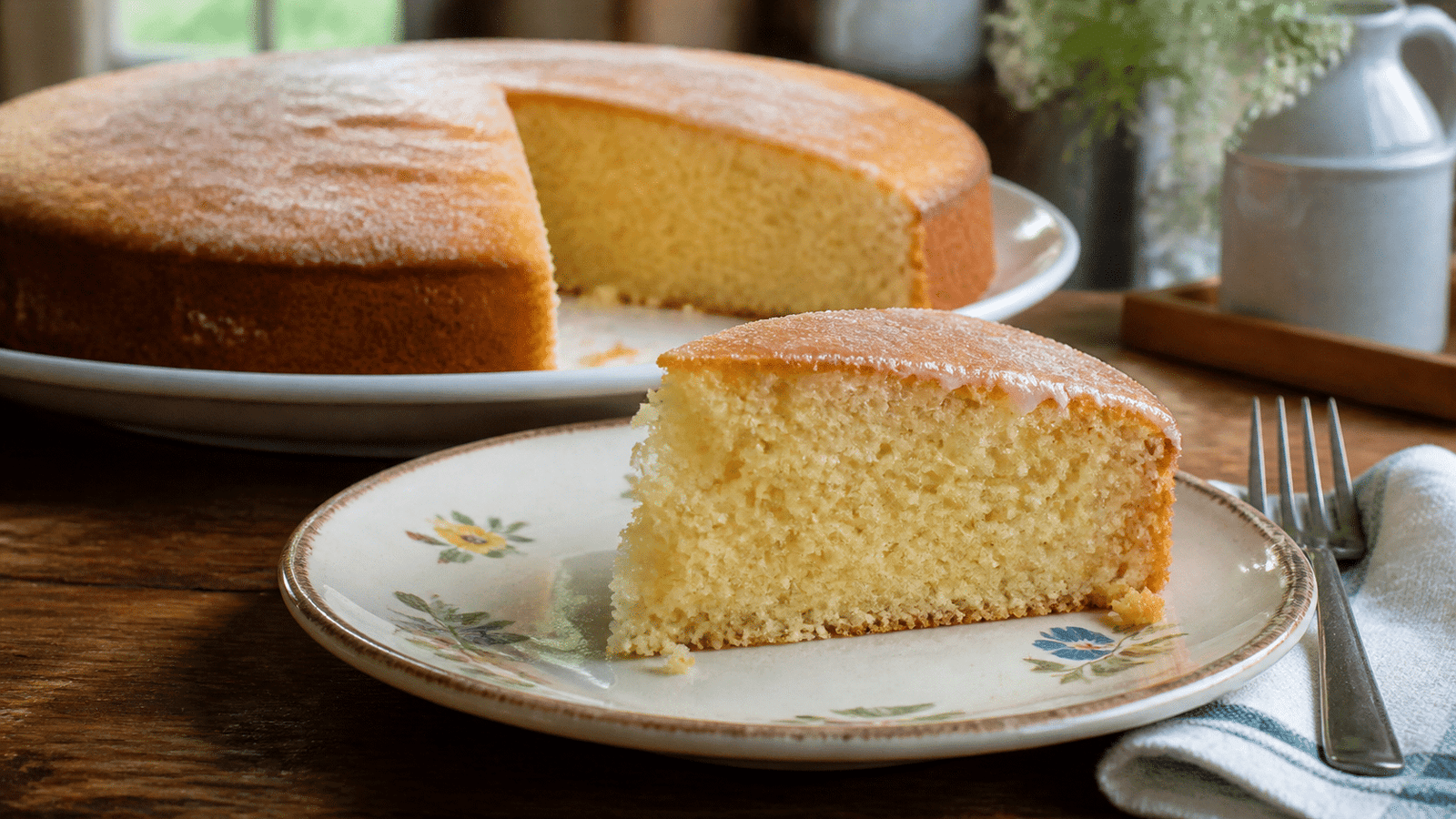 Homemade grandma-style cake with one slice served on a plate