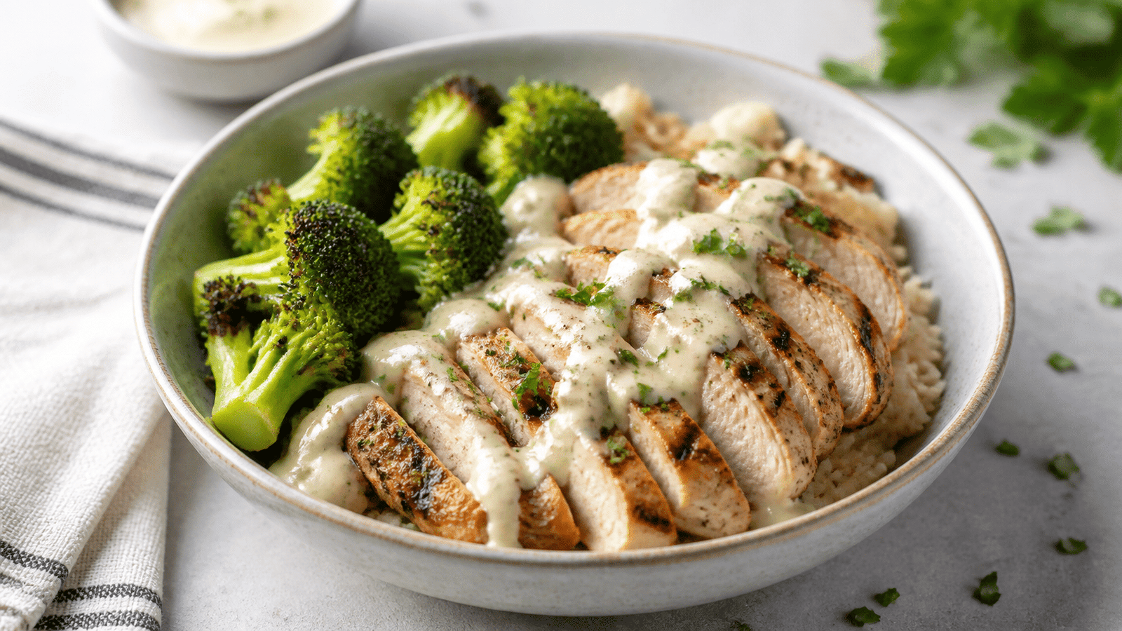 Grilled chicken and broccoli bowl topped with creamy garlic sauce