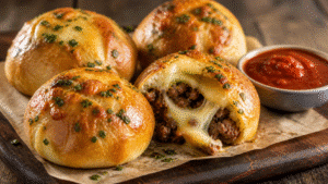 Golden stuffed beef and cheese bombs served with dipping sauce