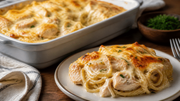 Creamy baked Monterey chicken spaghetti with melted cheese