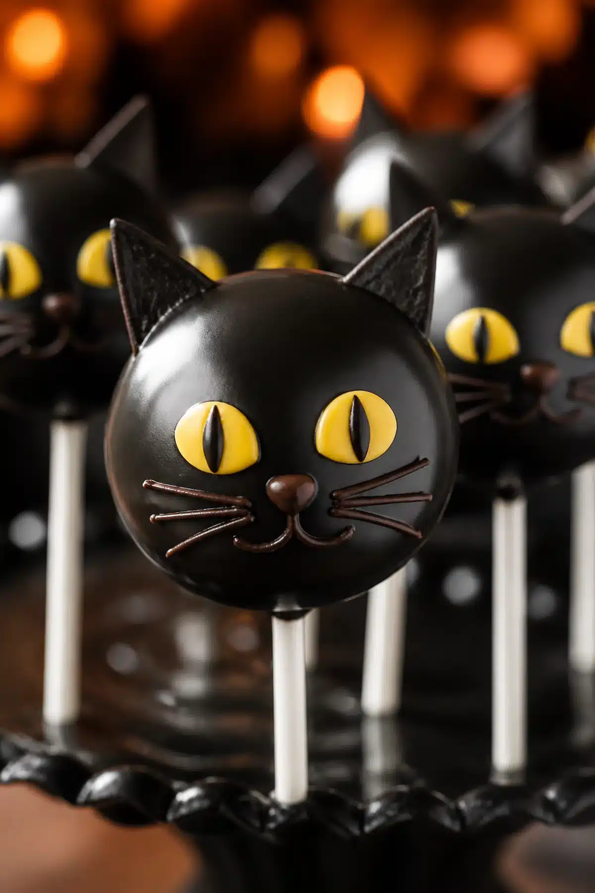 Black cat cake pops with smooth black coating, yellow eyes and pointed ears