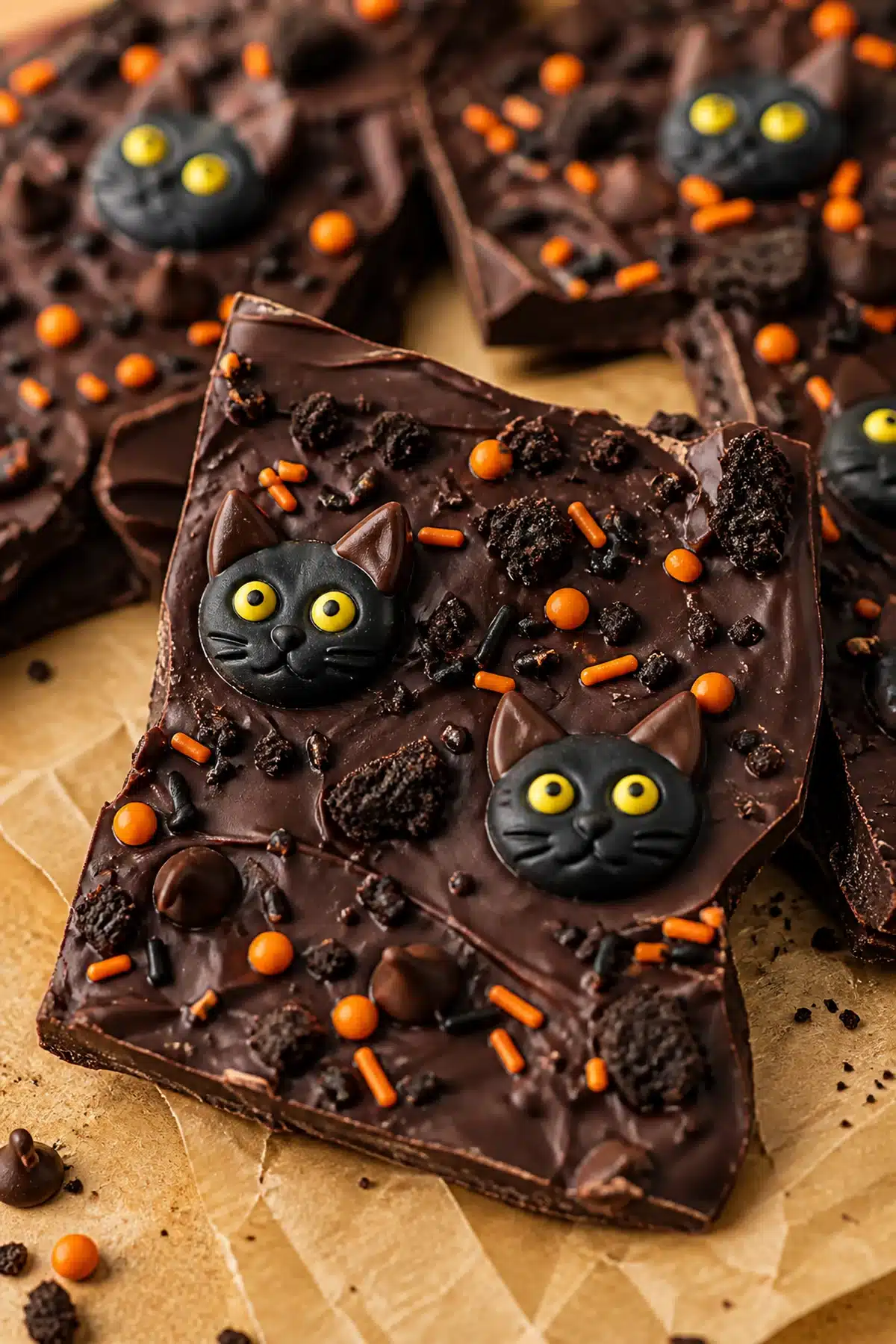 Black cat chocolate bark with orange sprinkles, cookie crumbs and candy cat faces