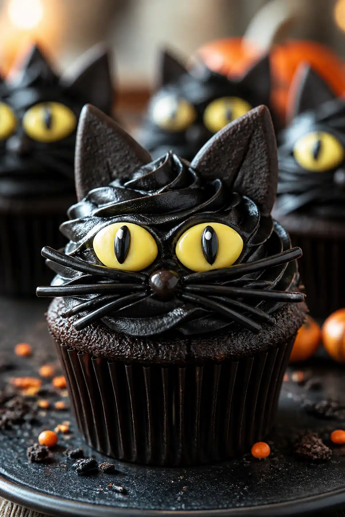 Black cat chocolate cupcakes with glossy black frosting, yellow eyes and cookie ears