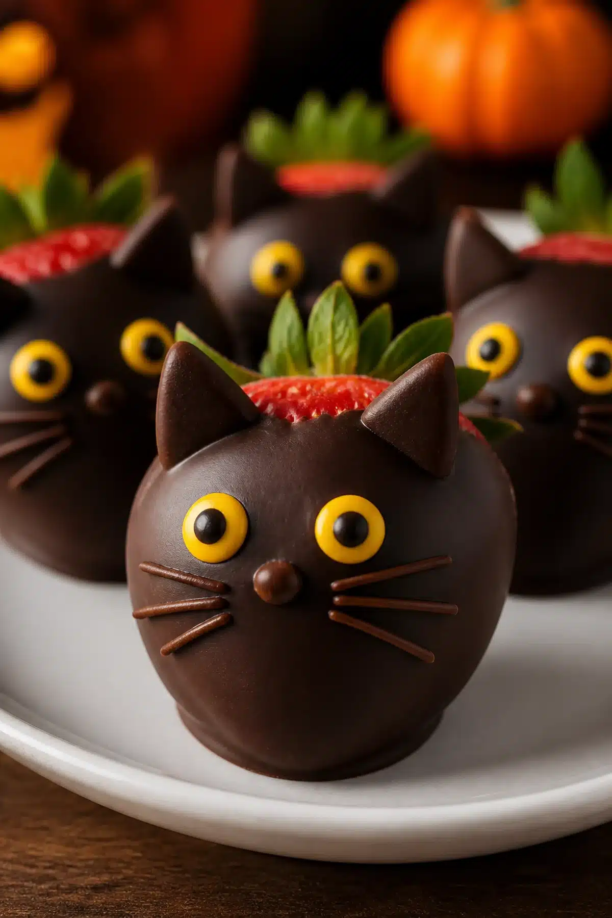 Black cat chocolate dipped strawberries with candy eyes, ears and whiskers