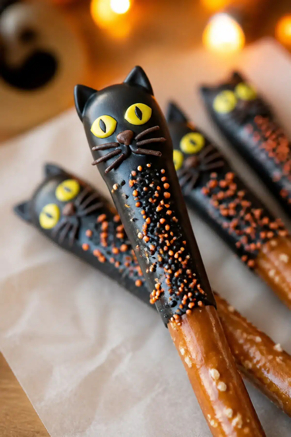 Black cat chocolate pretzel rods with black coating, orange sprinkles and candy eyes