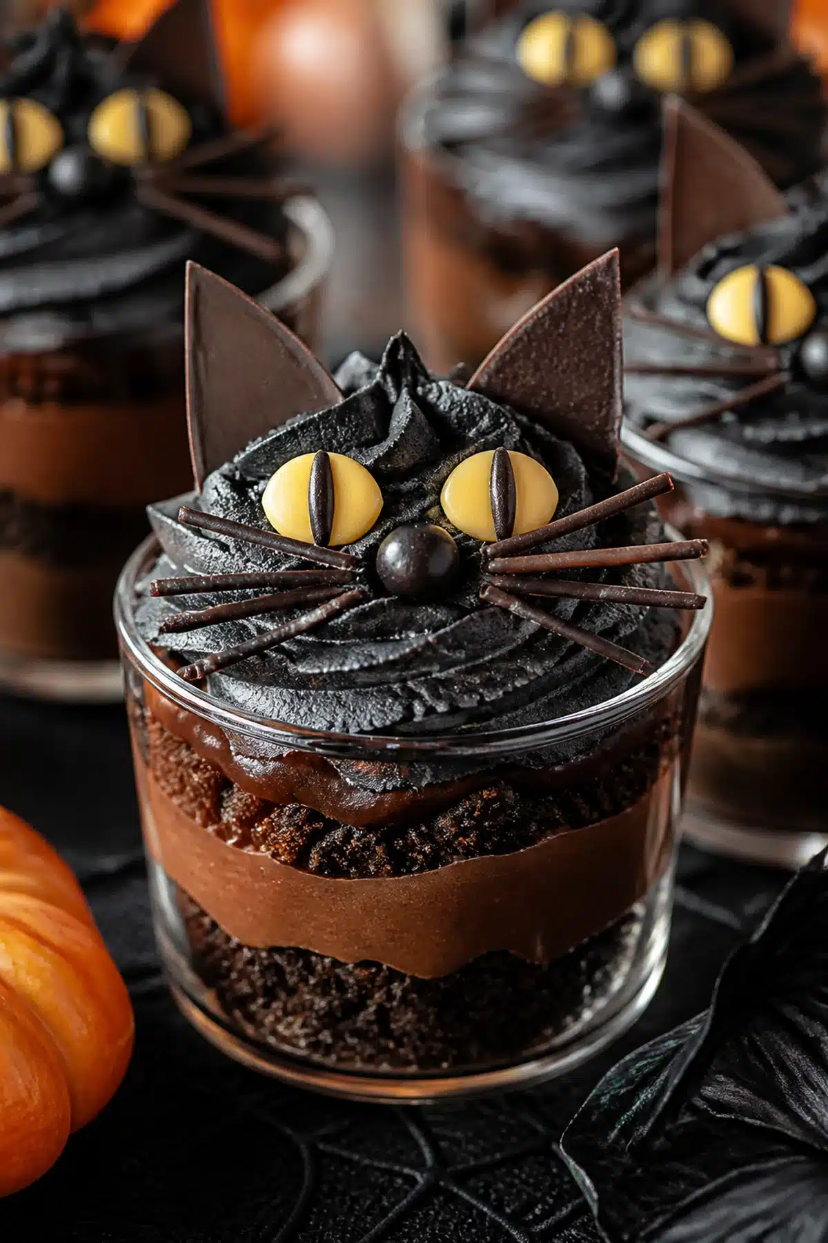 Black cat chocolate pudding cups with cookie crumbs and black cocoa whipped topping