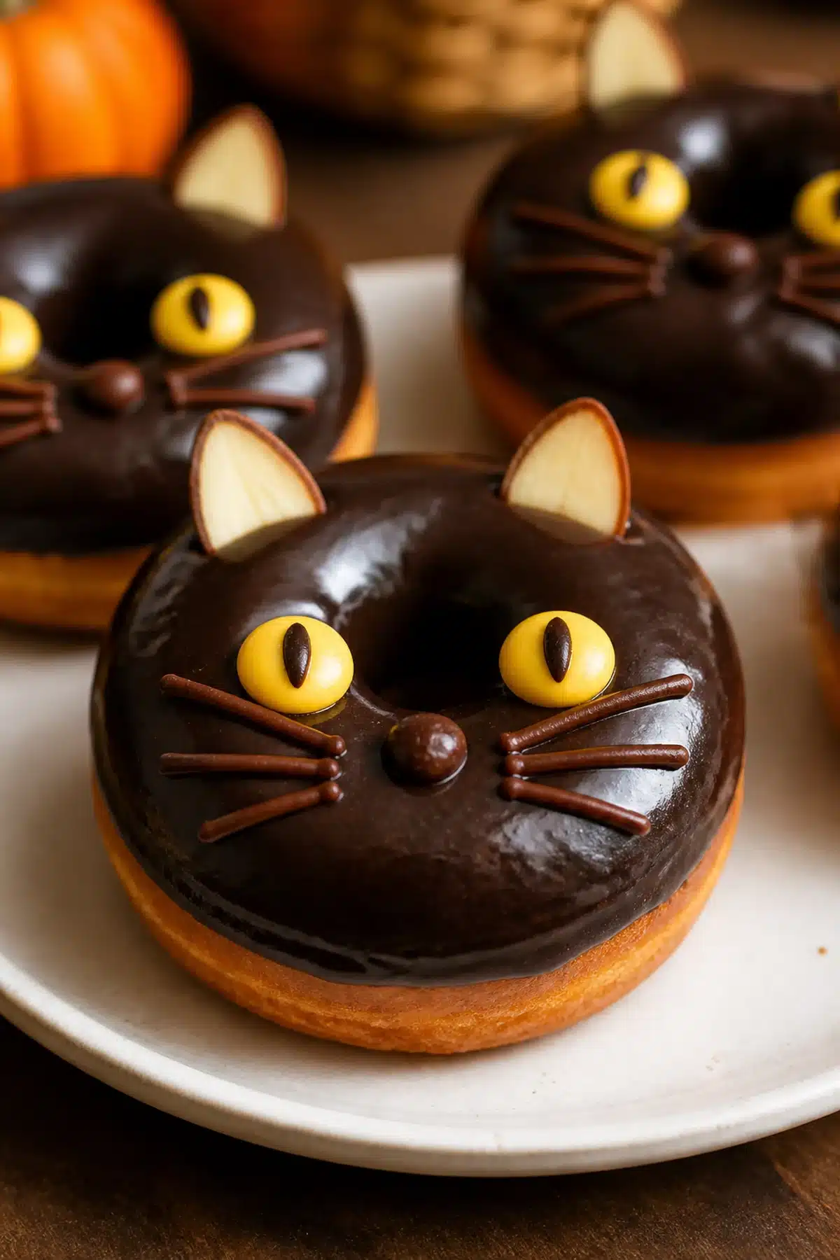 Black cat chocolate glazed donuts with almond ears, yellow eyes and chocolate whiskers