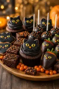 19 Black Cat Halloween Desserts 5 Black cat Halloween dessert board with cupcakes, cookies, brownies, cake pops and strawberries