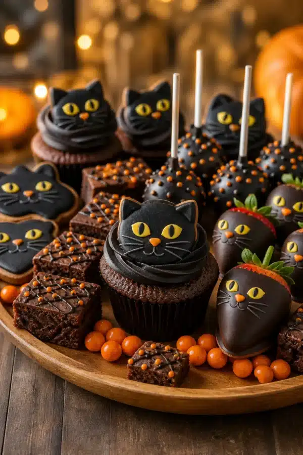Black cat Halloween dessert board with cupcakes, cookies, brownies, cake pops and strawberries