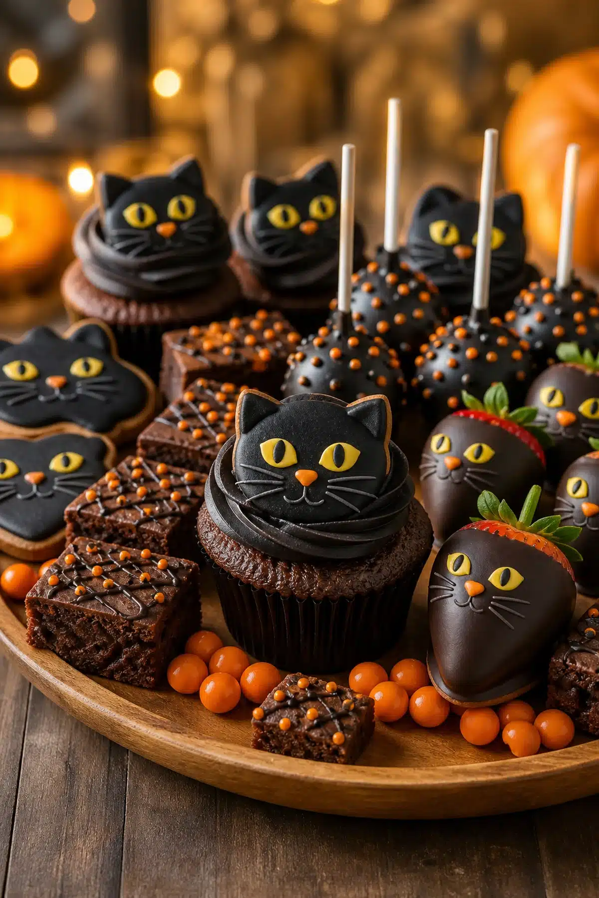 Black cat Halloween dessert board with cupcakes, cookies, brownies, cake pops and strawberries