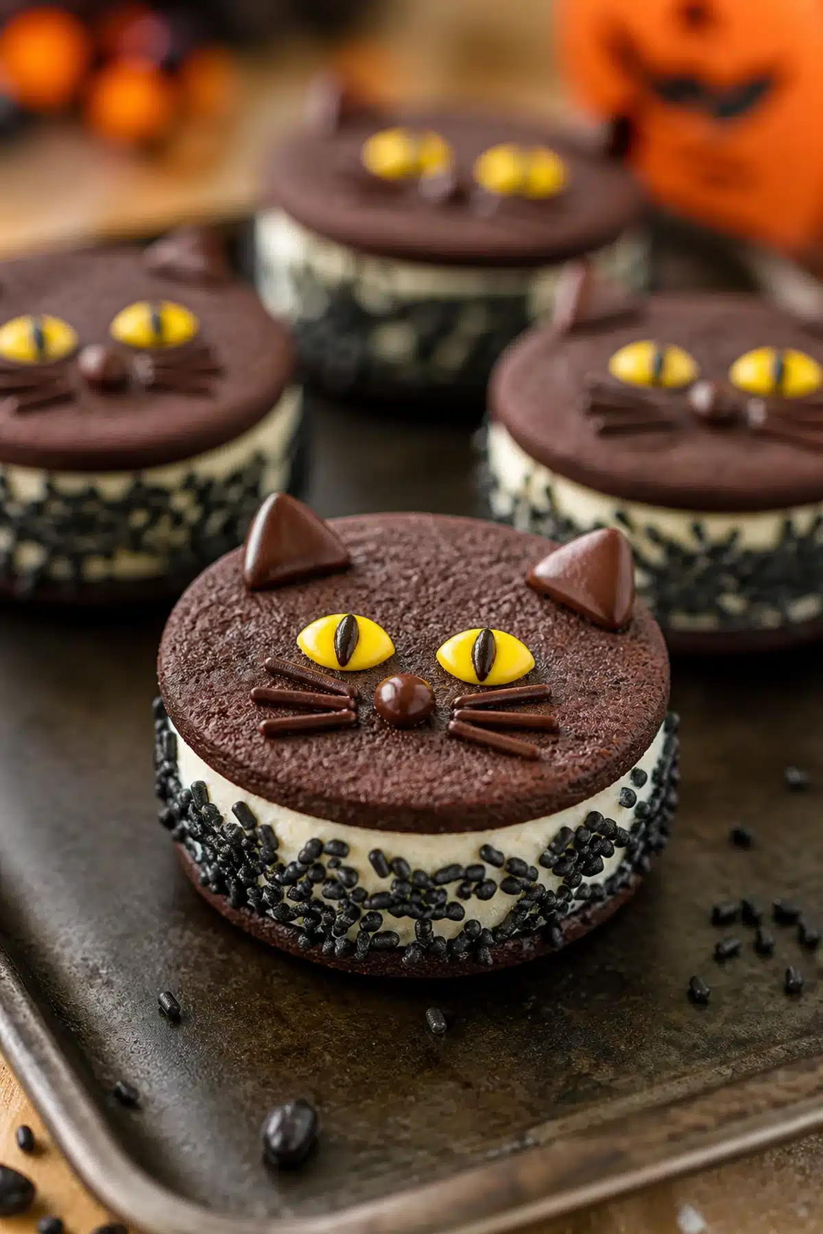 Black cat ice cream sandwiches with chocolate cookies, vanilla filling and black sprinkles