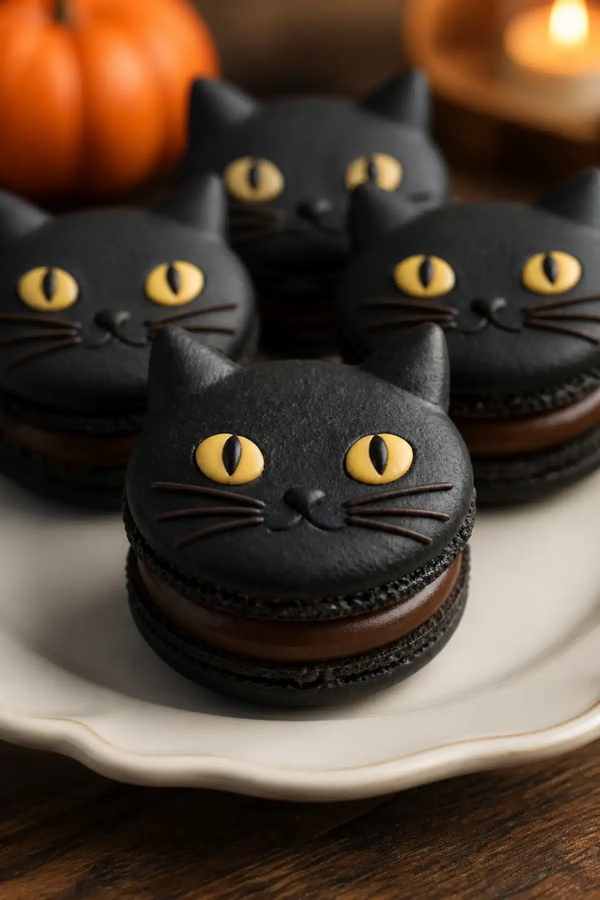 Black cat macarons with dark cocoa shells, yellow eyes and ganache filling