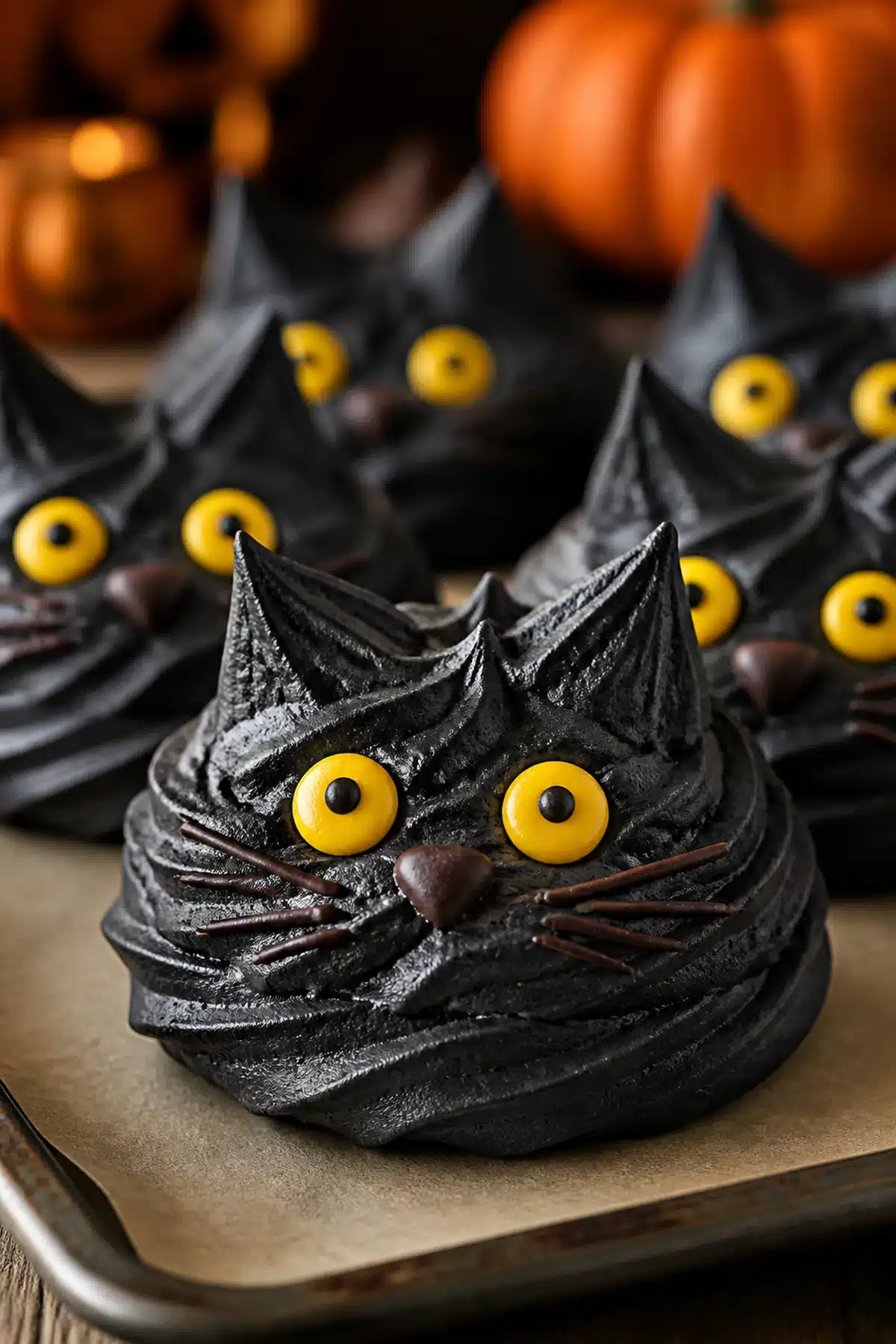 Black cat meringue cookies with piped black cocoa texture and yellow candy eyes