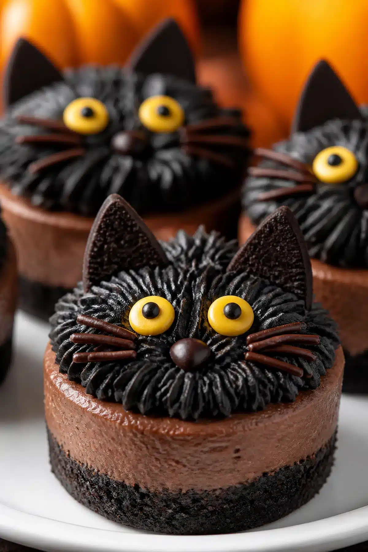 Black cat mini chocolate cheesecakes with dark cookie crust and cocoa whipped topping