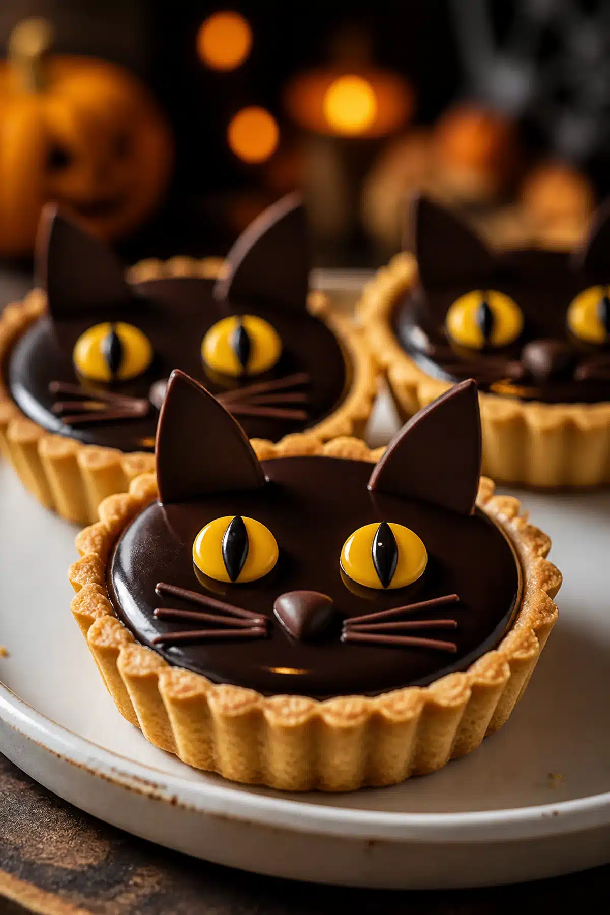 Black cat mini chocolate ganache tarts with golden crusts and candy eyes