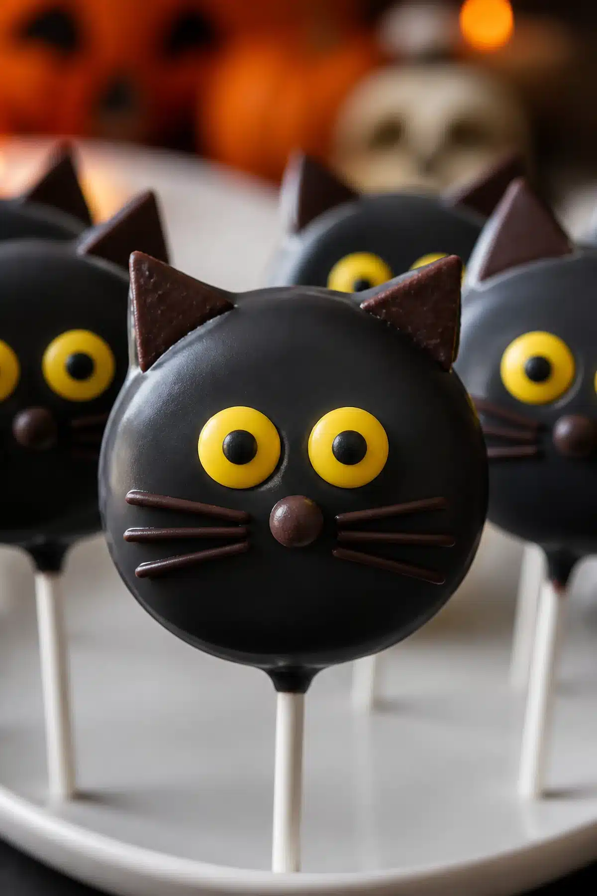 Black cat Oreo pops dipped in dark coating with candy eyes and chocolate ears