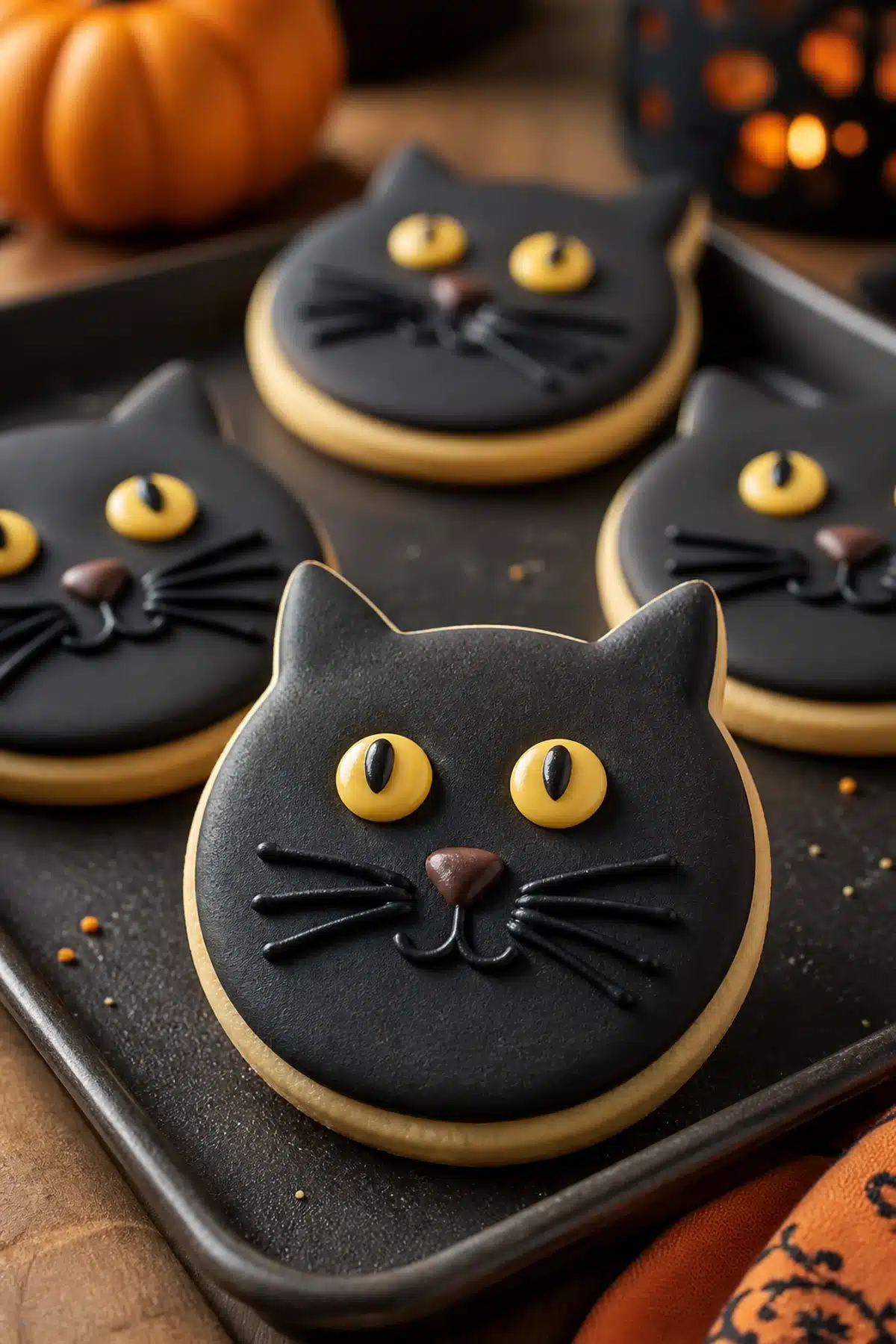 Black cat sugar cookies with black icing, yellow eyes and piped whiskers