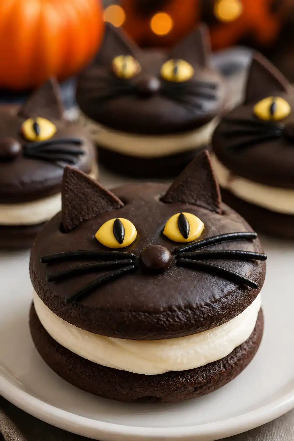 Black cat whoopie pies with chocolate cake, vanilla cream filling and candy eyes